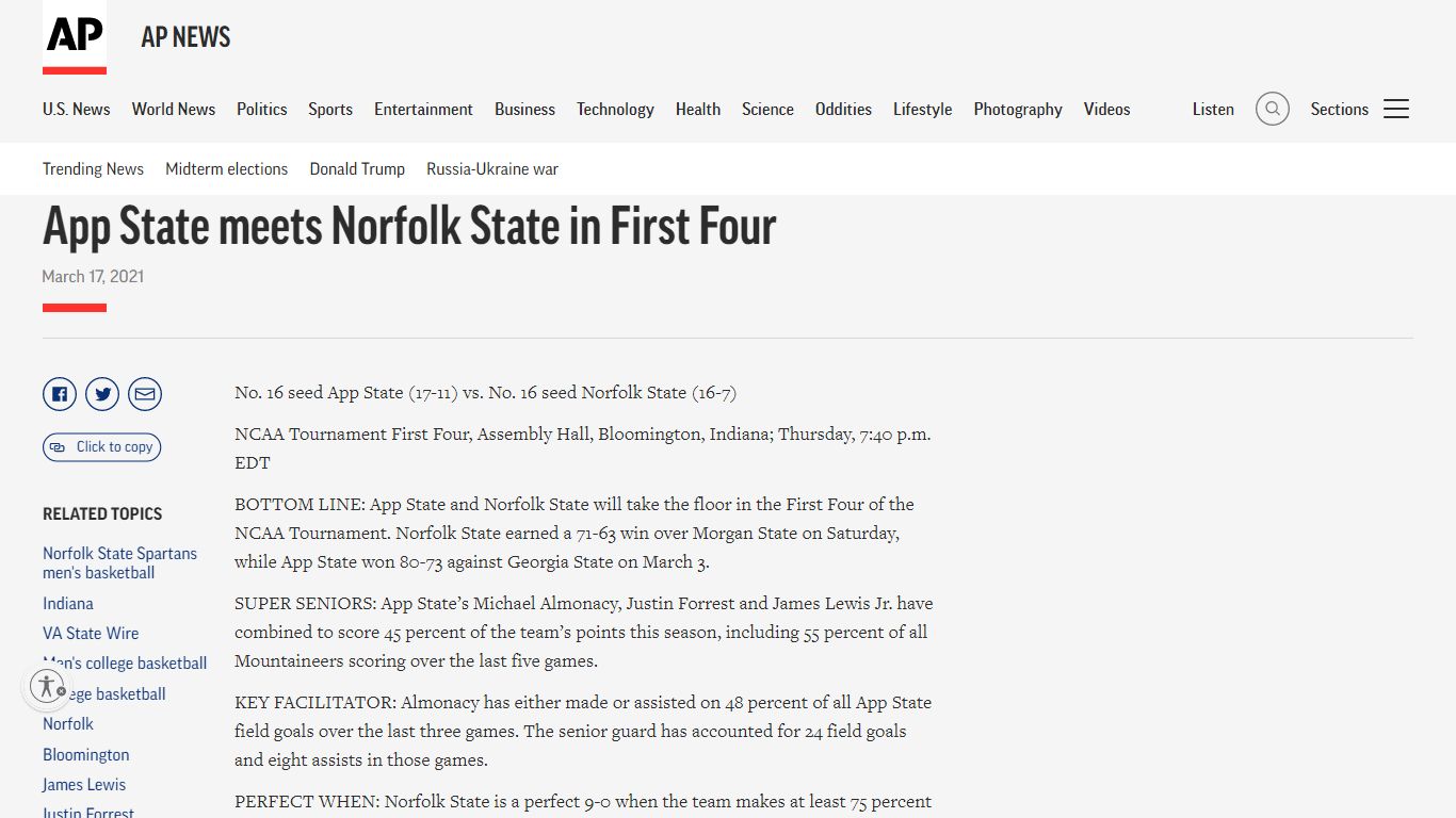 App State meets Norfolk State in First Four | AP News